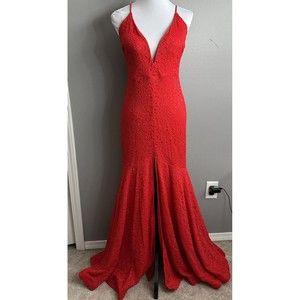Windsor Womens Plunging V-Neck Red Lace Formal Maxi Dress High Slit Evening Gown